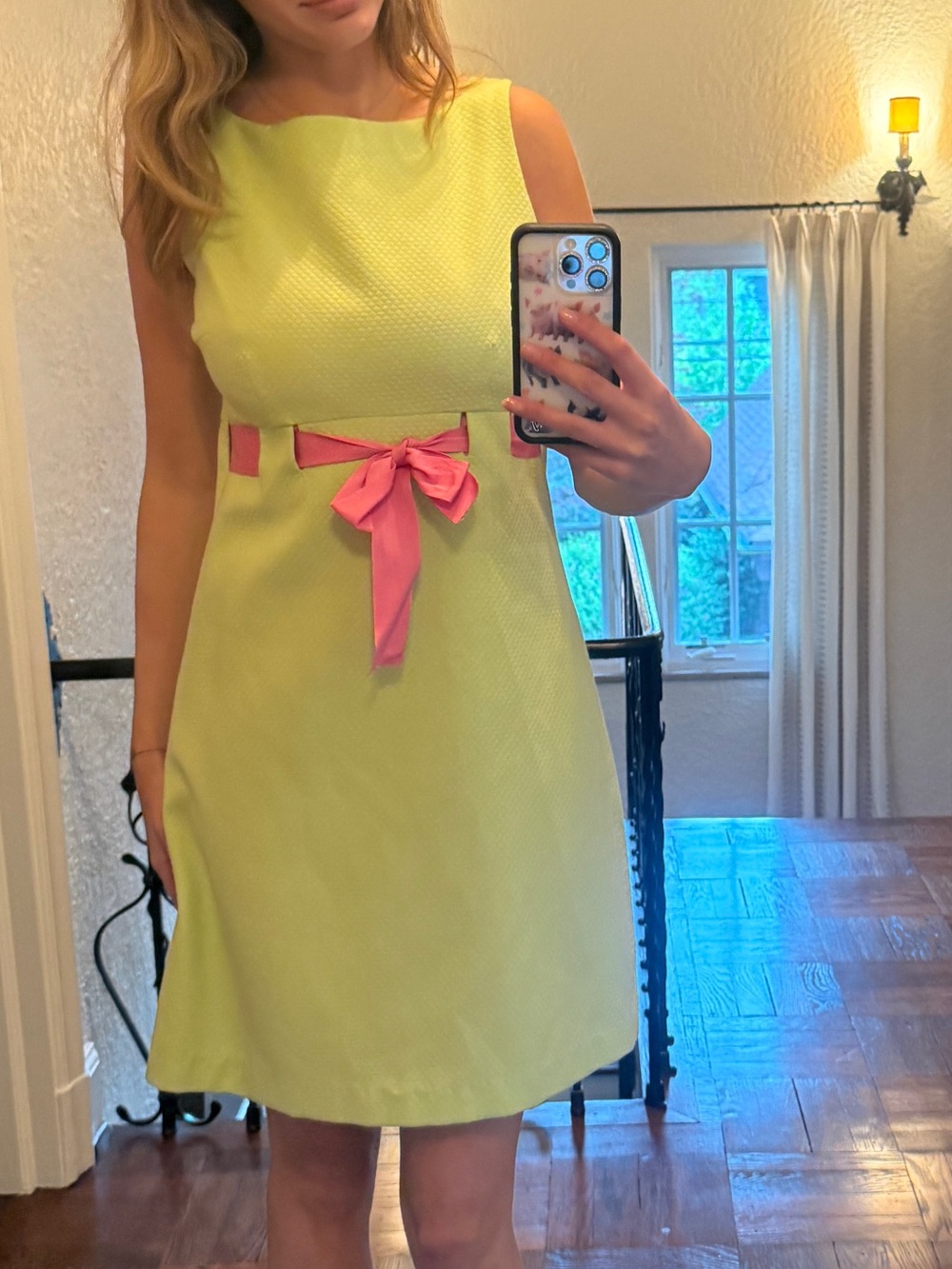 Vintage Steven Stolman Sleeveless Lime Green Mini Dress with Pink Waist Bow